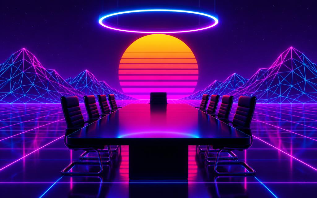 A neon boardroom table under a glowing ring light in a synthwave landscape