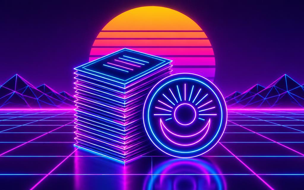 Neon documents and an abstract glowing seal under a synthwave sun