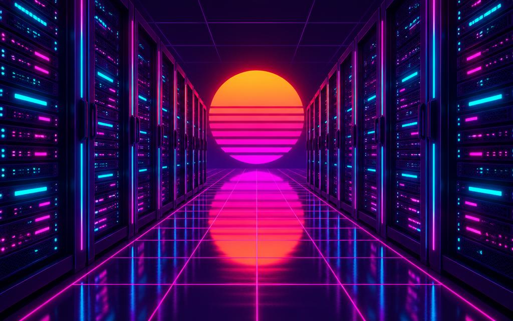 A data centre corridor glowing with magenta and cyan neon lights