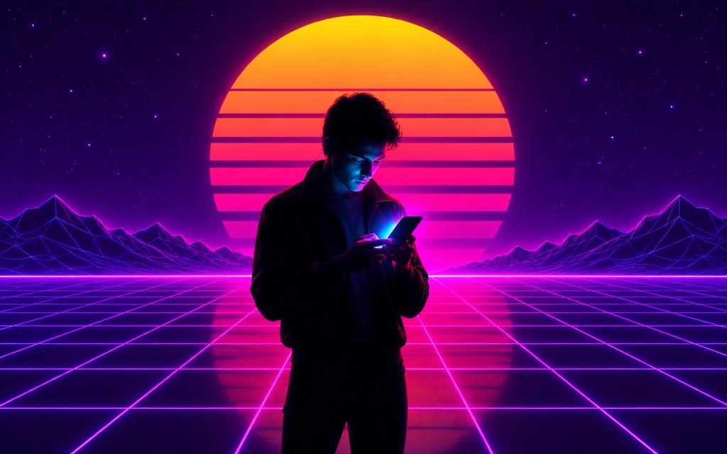 A silhouette lit by the neon glow of a phone under a synthwave sun