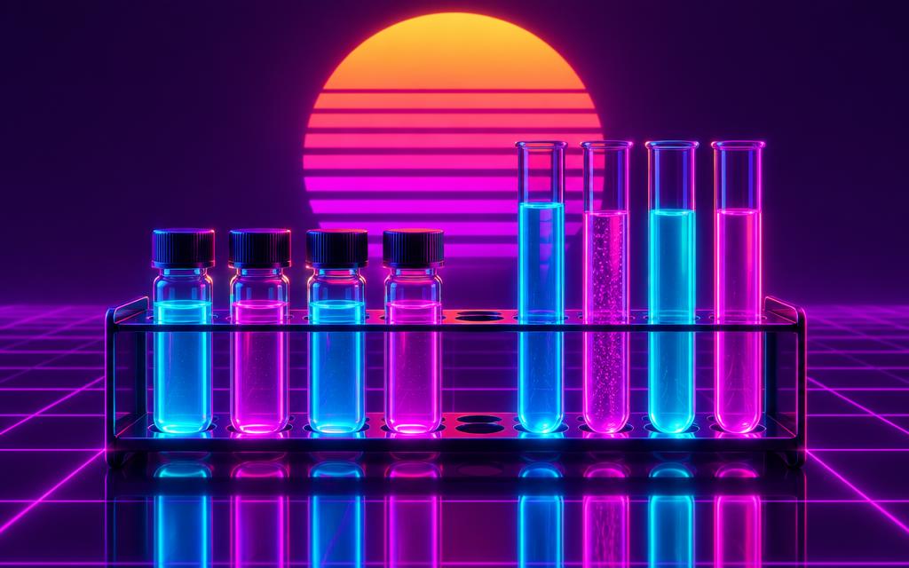 A rack of laboratory vials glowing neon cyan and magenta